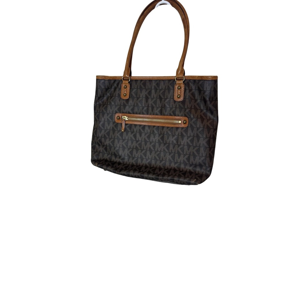 Michael Kors Tote Bag Womens Large Brown PVC Leather Shoulder Zip MK Logo Pocket